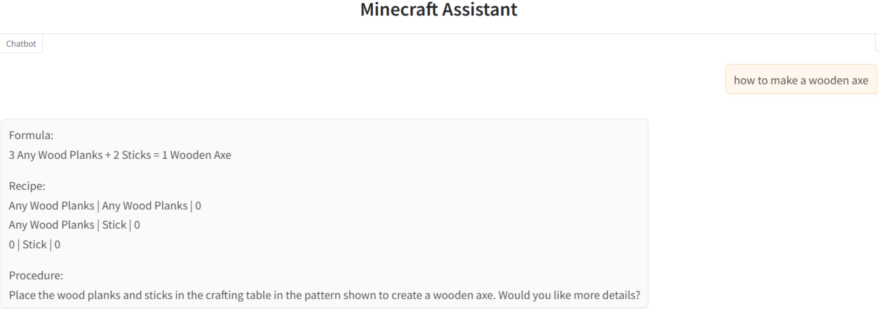 Report screenshot: a wooden-axe question answered with ingredients, a crafting layout and instructions